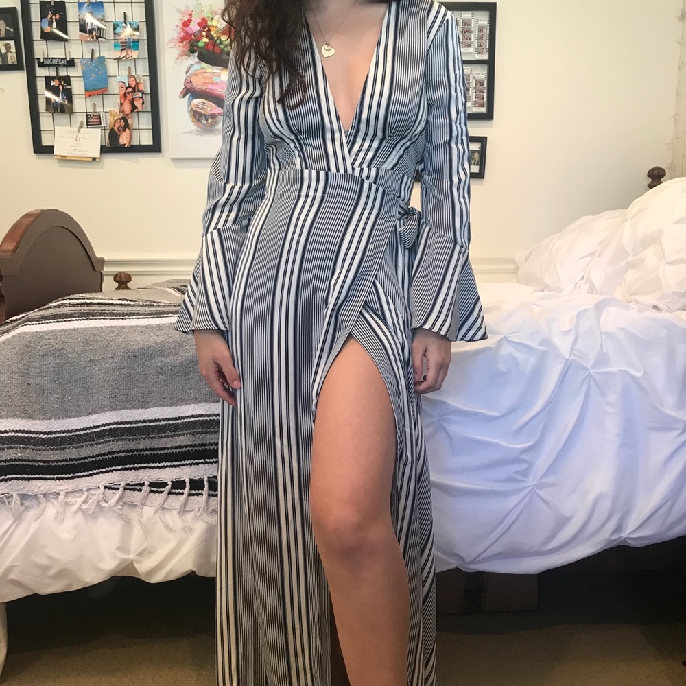 Black & Cream Striped Long-Sleeved Maxi Dress